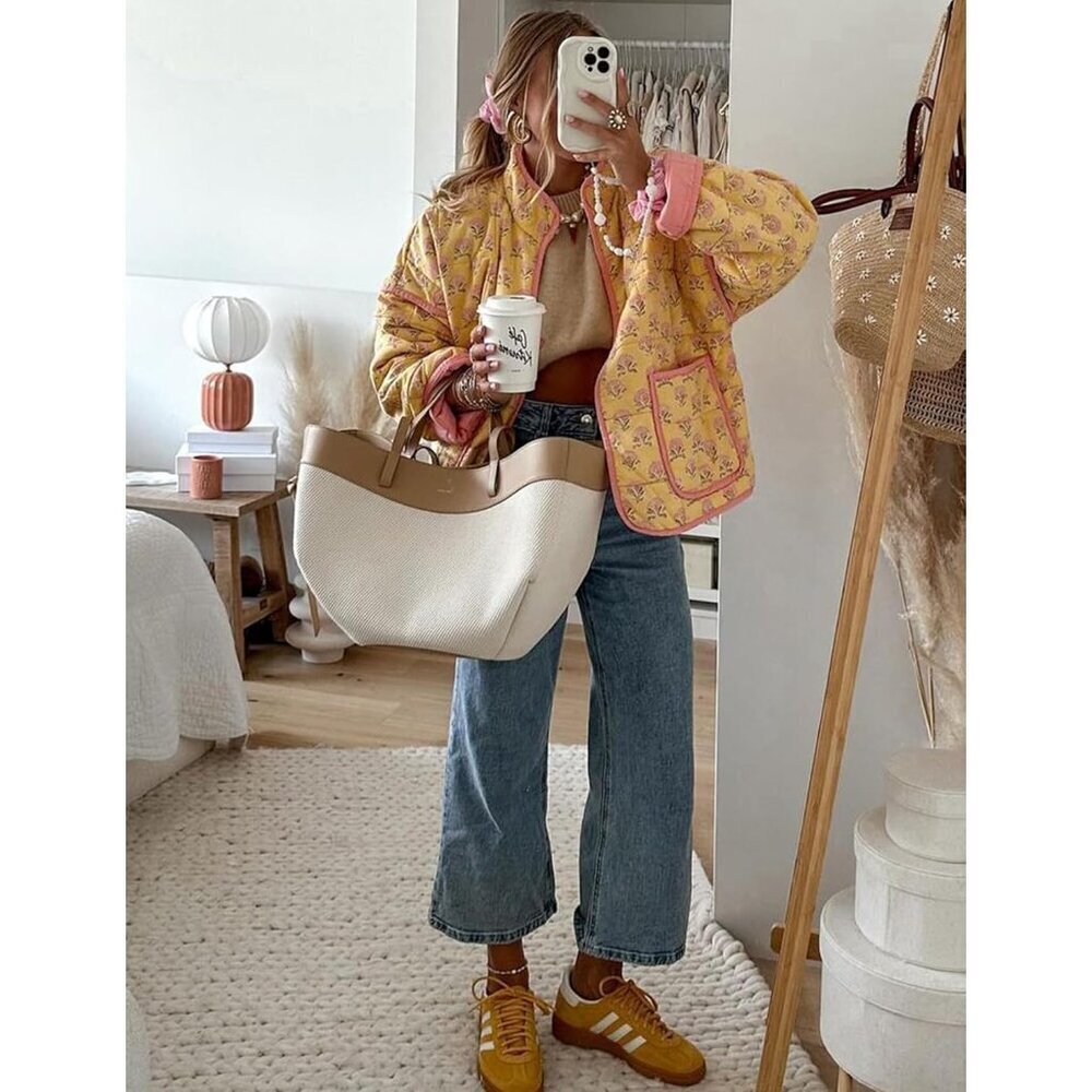 Women’s Yellow flora Cropped Puffer Quilted Jacket Floral Print Lightweight Coat - Picture 2 of 4